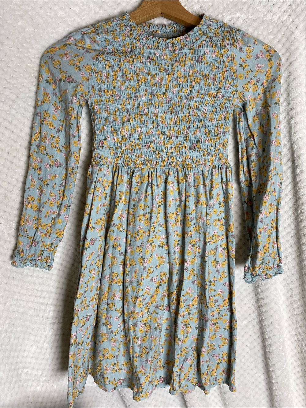 Biscotti Blue Floral Print Smocked Long-Sleeve Dress
